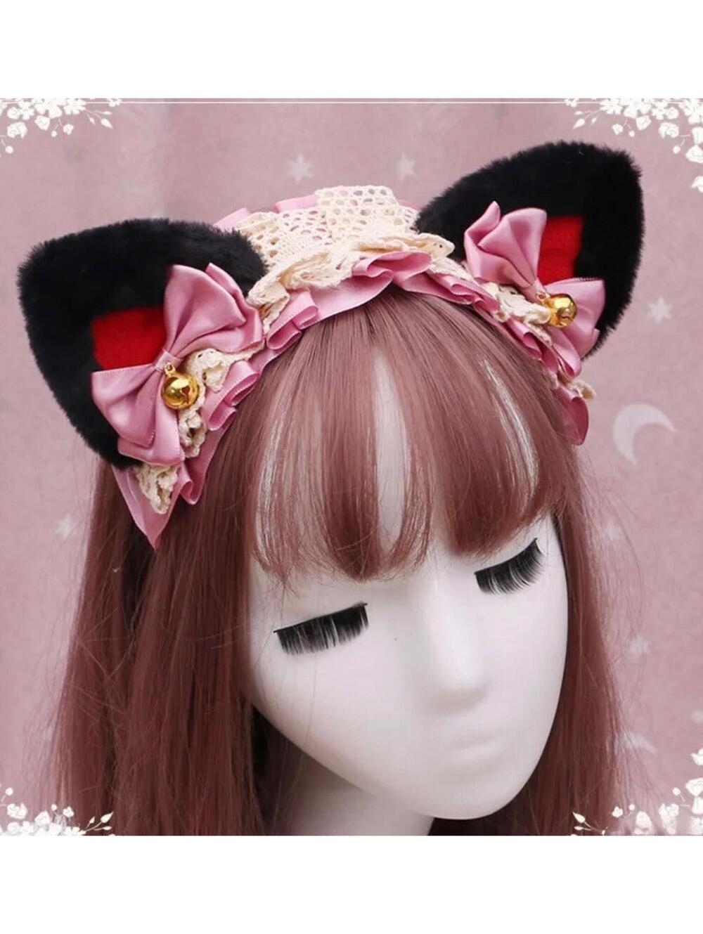 Lolita Cat Plush Ears Headband Cosplay Halloween Anime Costume Black Pink Red